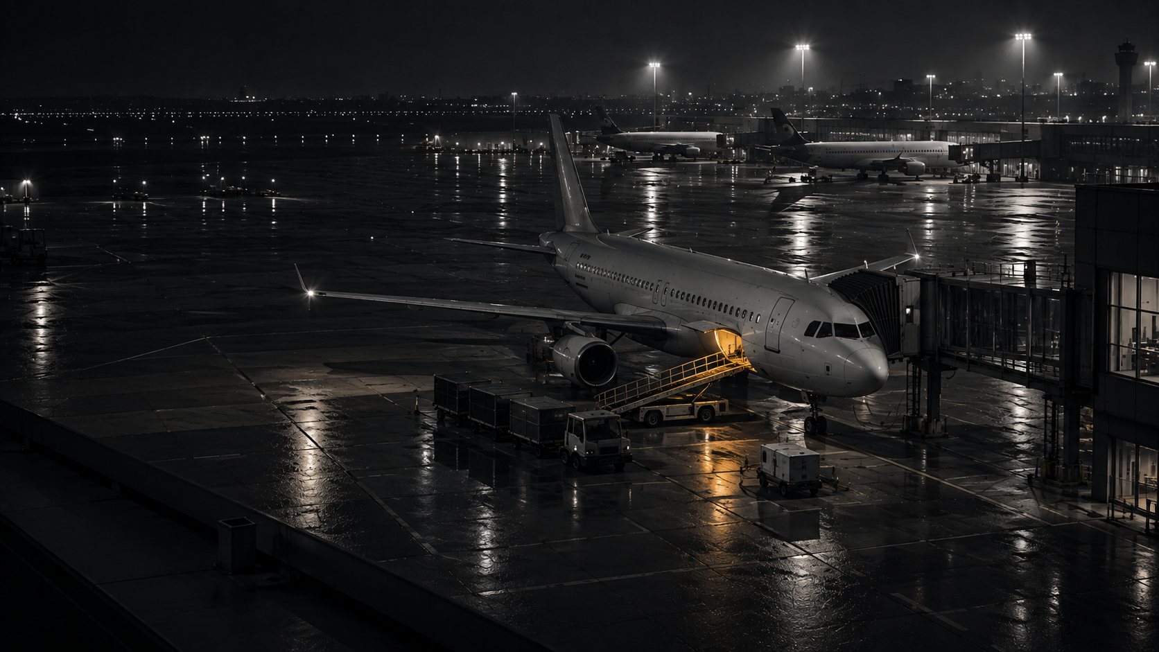 Avión en plataforma de un aeropuerto de noche, con la bodega abierta y una cinta de carga iluminada en ámbar
