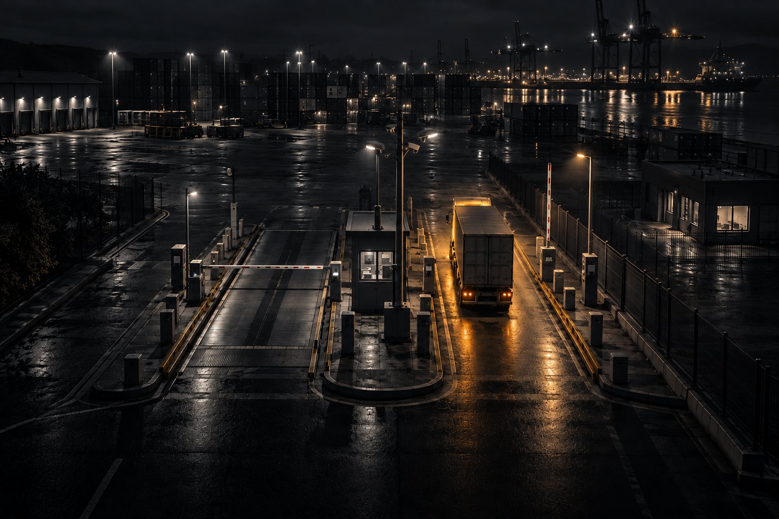 Camión saliendo por el carril de egreso de una portería nocturna, con la plataforma de pesaje vacía