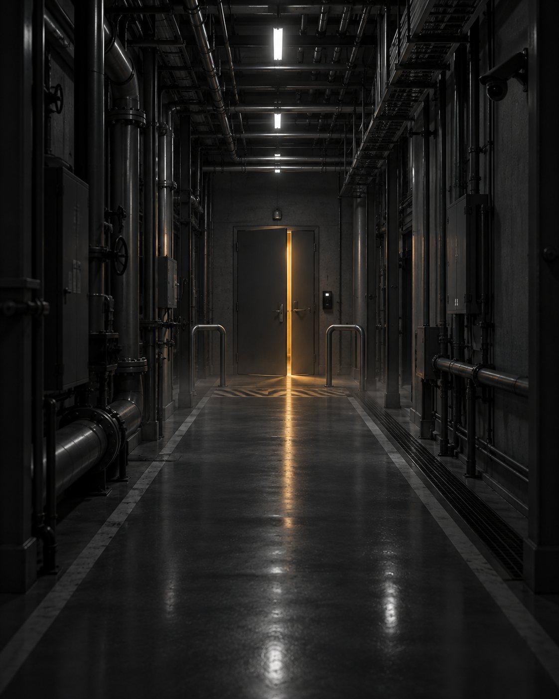 Puerta de acceso a una zona restringida de una planta, con un lector de tarjeta y luz ámbar entrando por la abertura