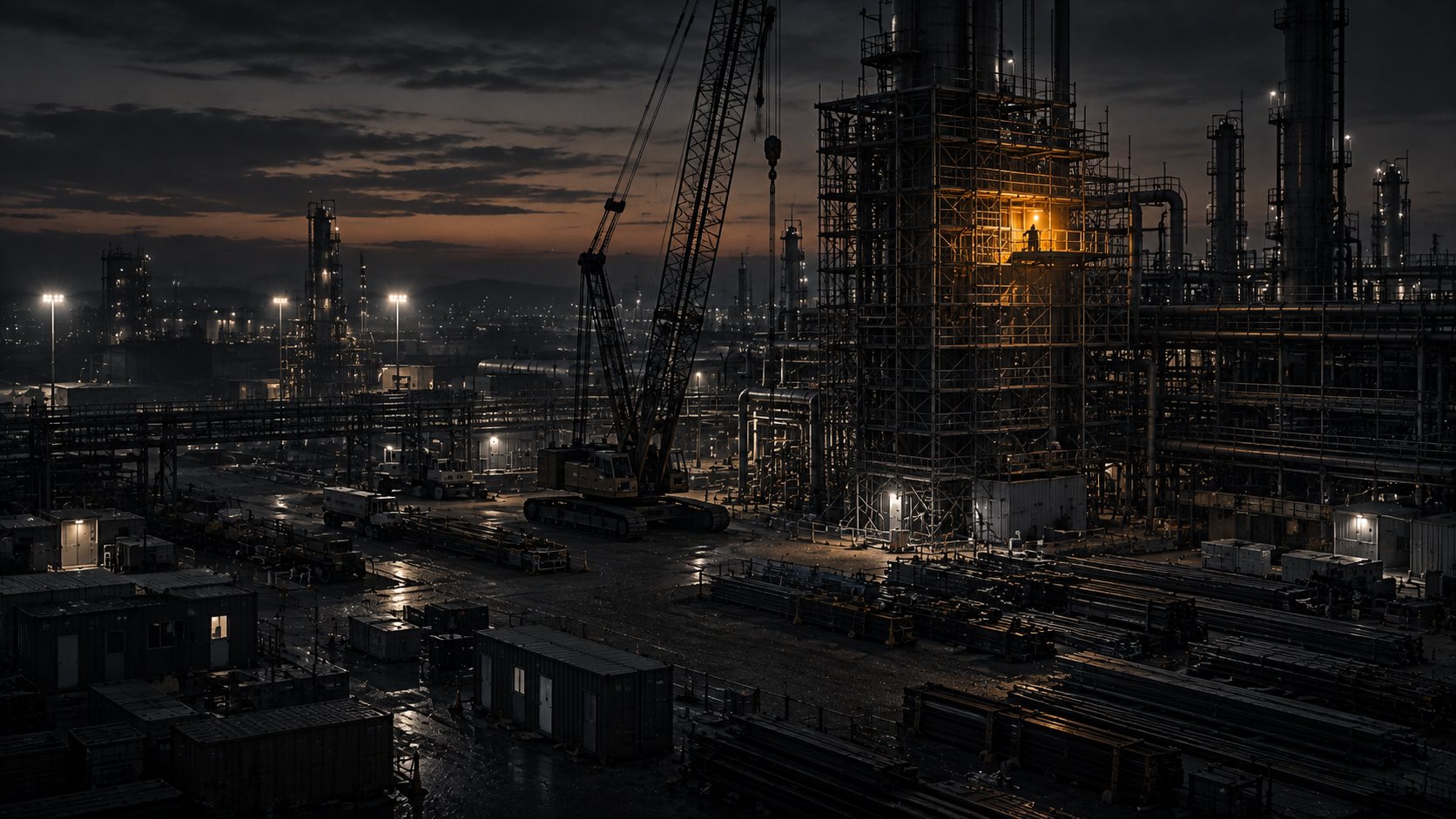 Obra de mantenimiento industrial con andamios y una grúa; un frente de trabajo iluminado en ámbar