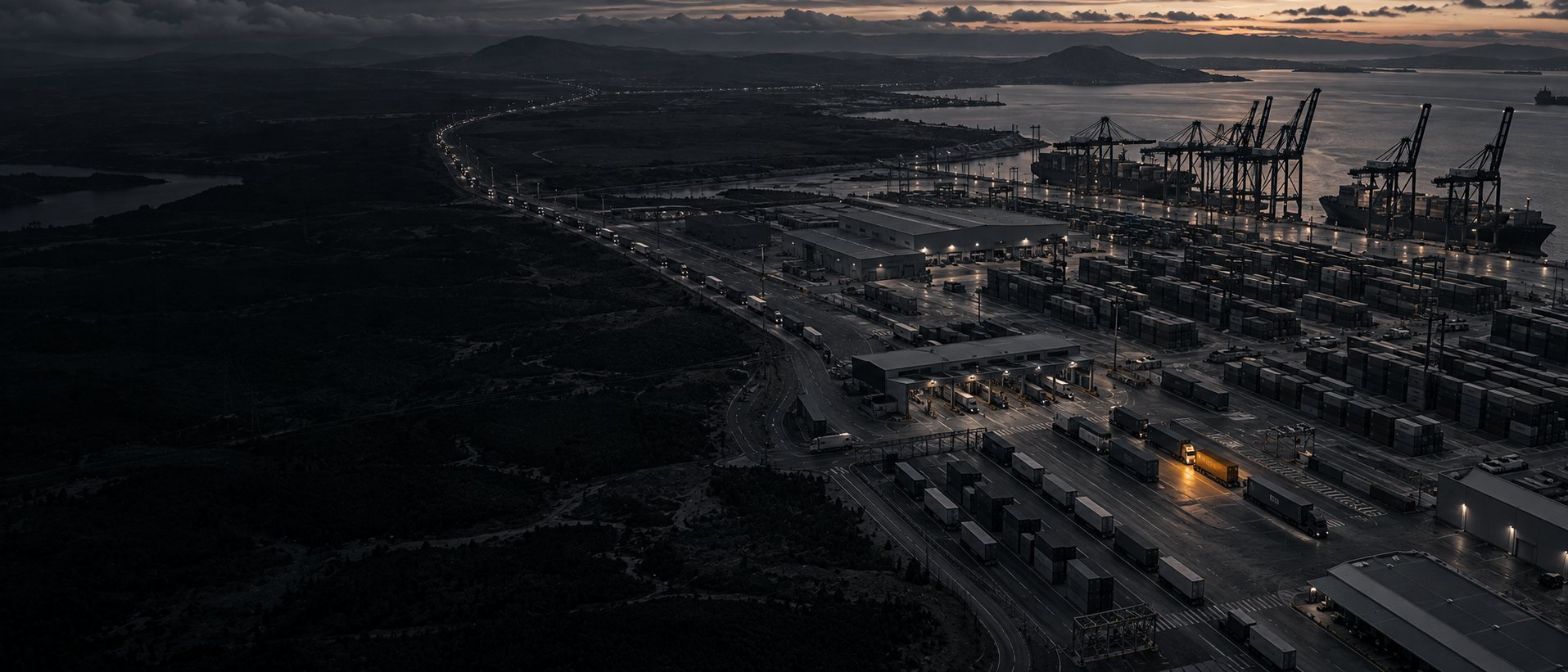 Terminal portuaria de noche con grúas, contenedores y camiones; un camión iluminado en ámbar
