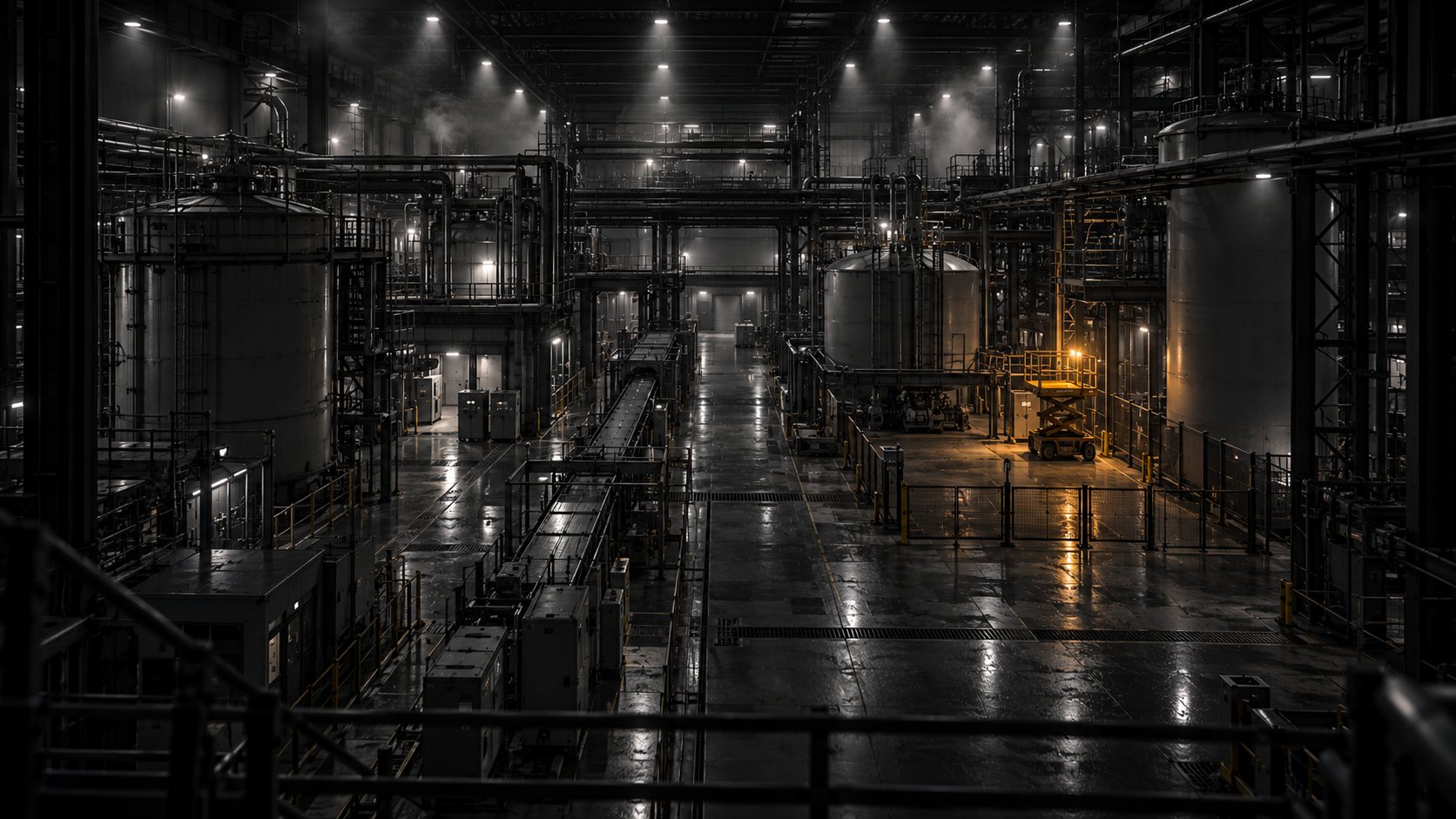 Sala de proceso industrial de noche con un elevador de mantenimiento iluminado en ámbar dentro de una zona vallada