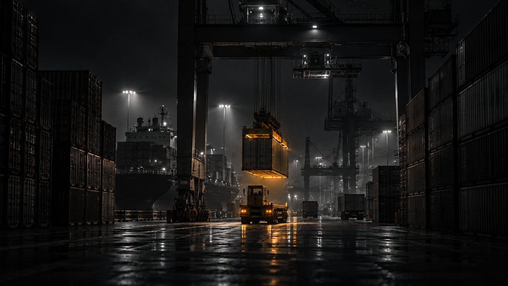 Terminal de contenedores de noche: una grúa baja un contenedor iluminado en ámbar sobre un camión