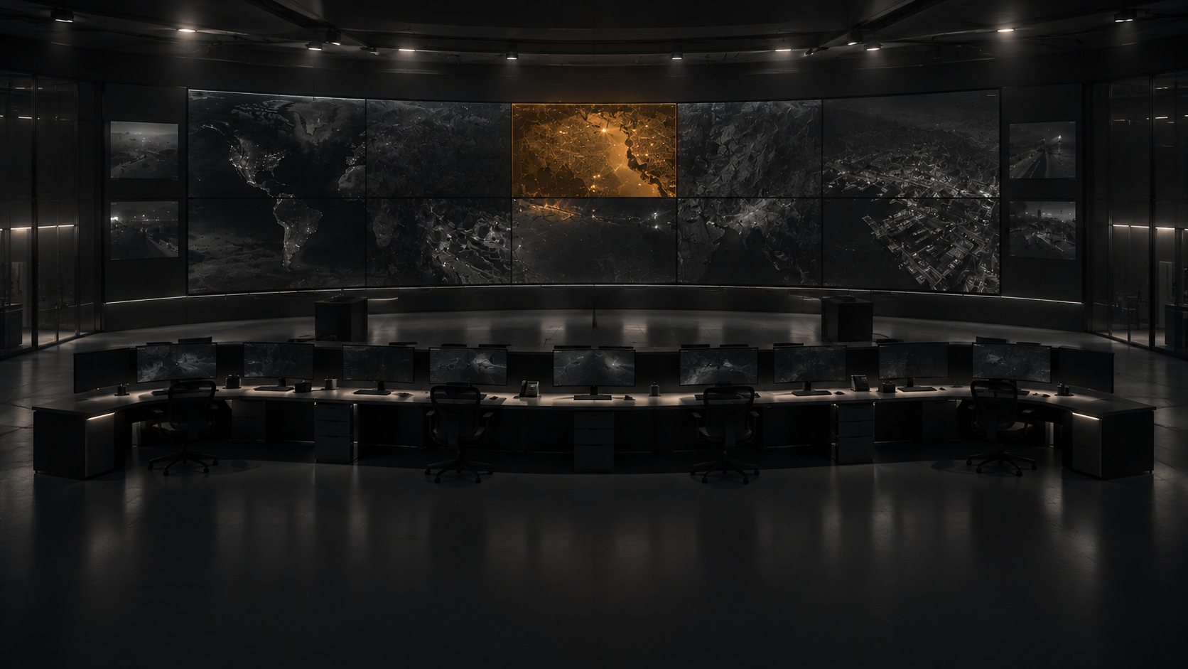 Sala de control vacía de noche con una pared de video; un panel central iluminado en ámbar