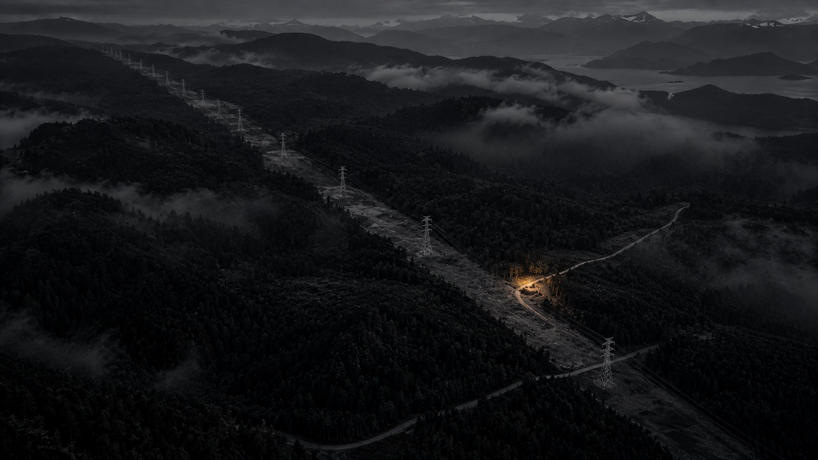 Vista aérea de un corredor de líneas de transmisión entre montañas con niebla y un parche de tierra removida iluminado en ámbar