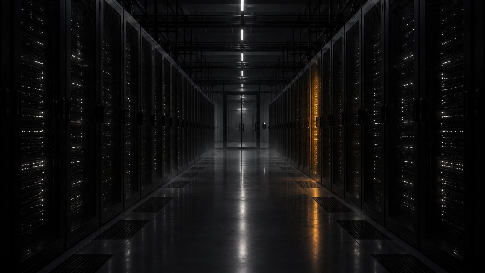 Pasillo de un cuarto de servidores con una puerta de acceso al fondo y un rack iluminado en ámbar